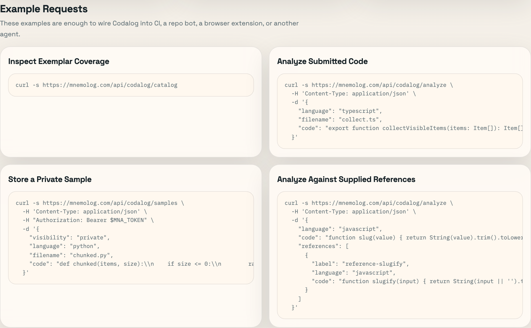 Codalog request examples screenshot